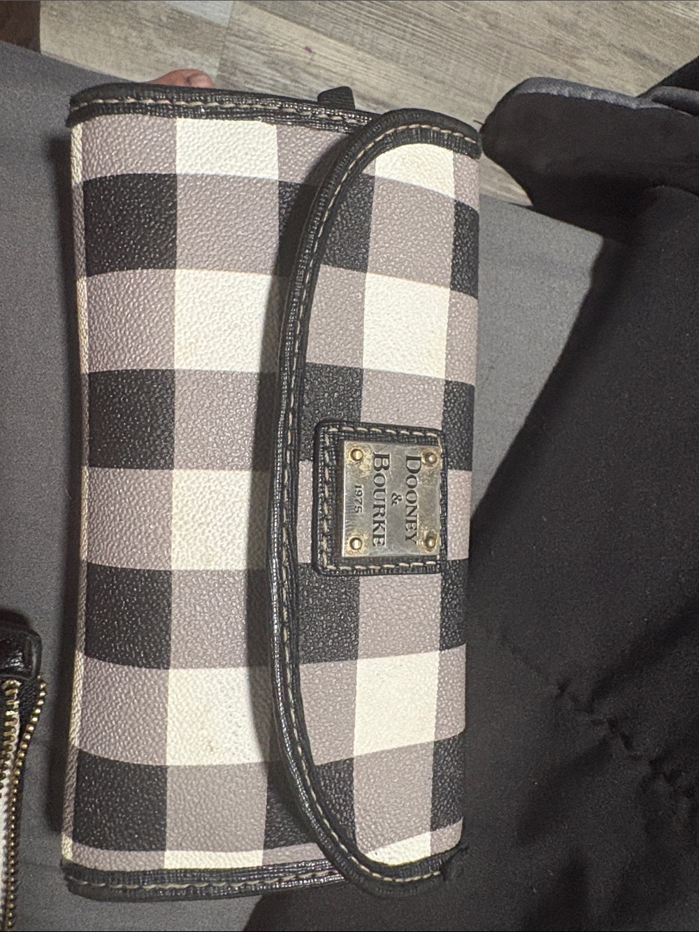 Dooney & Bourke Black and White Check Foldover Wallet with Logo Plaque